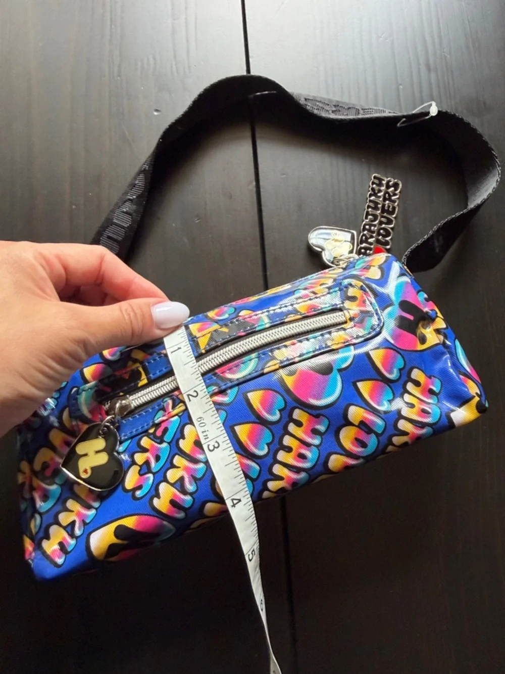Y2K Harajuku Lovers Blue Multicolor Logo Heart Print Shoulder Bag Metal Tag